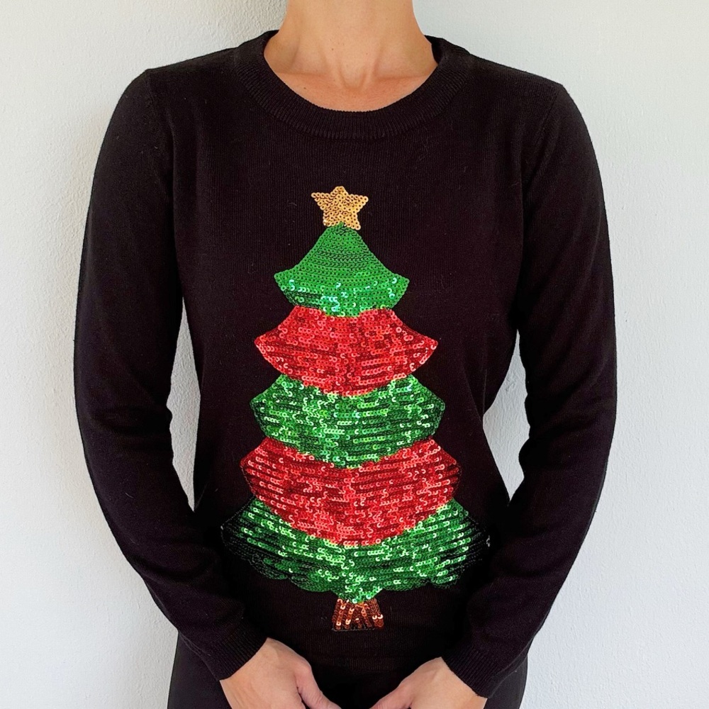 Christmas tree black red green sparkle sequin embroidered sweater size medium